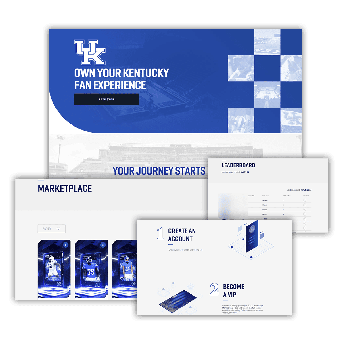 Blue Chips (Kentucky) fan platform: registration hero, marketplace, leaderboard and membership steps.