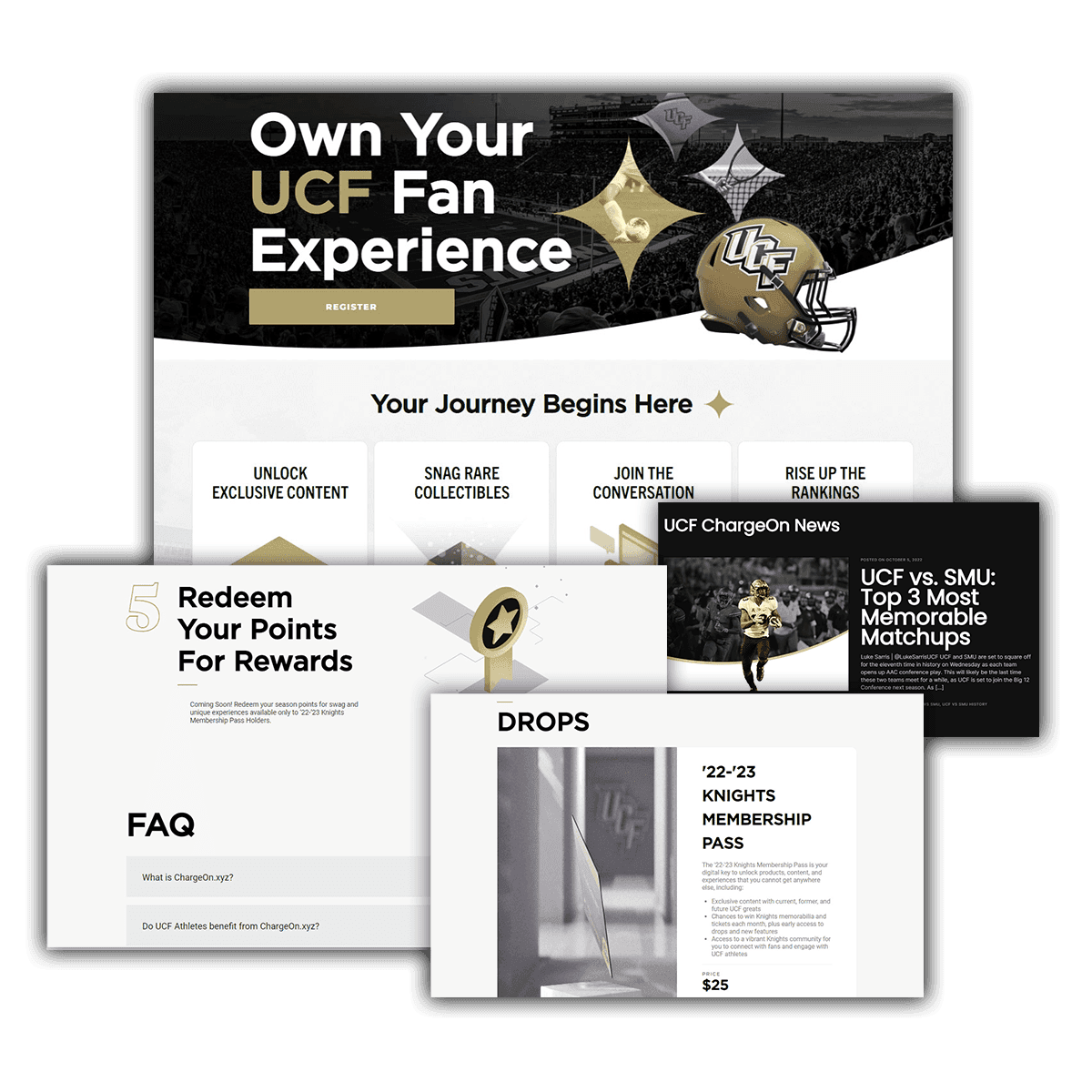 ChargeOn (UCF) fan platform: registration hero, rewards, news and the Knights membership pass.
