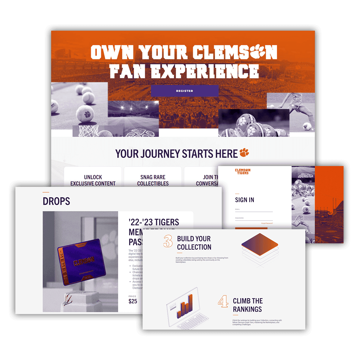 Clemson Tigers fan platform: registration hero, membership pass drop and collection steps.