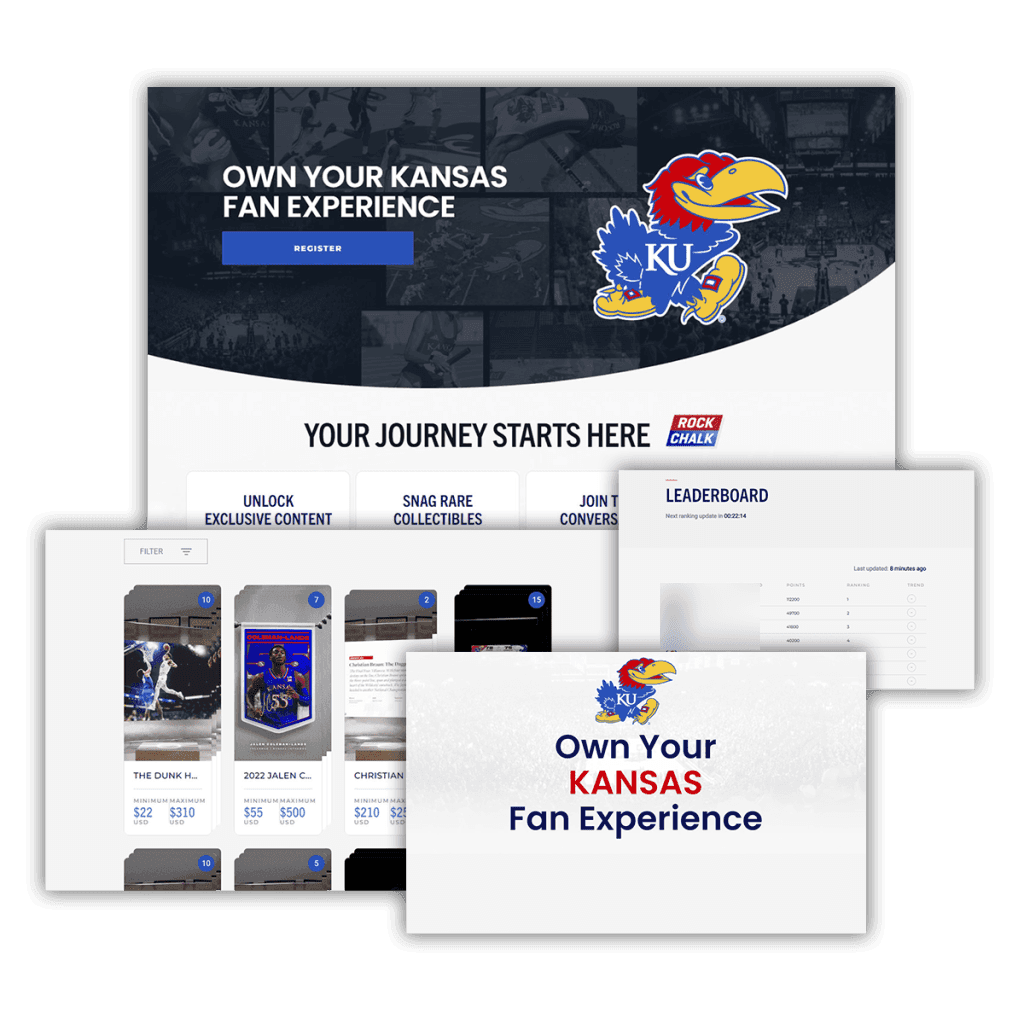 Rock Chalk (Kansas) fan platform: registration hero, collectibles marketplace and fan leaderboard.