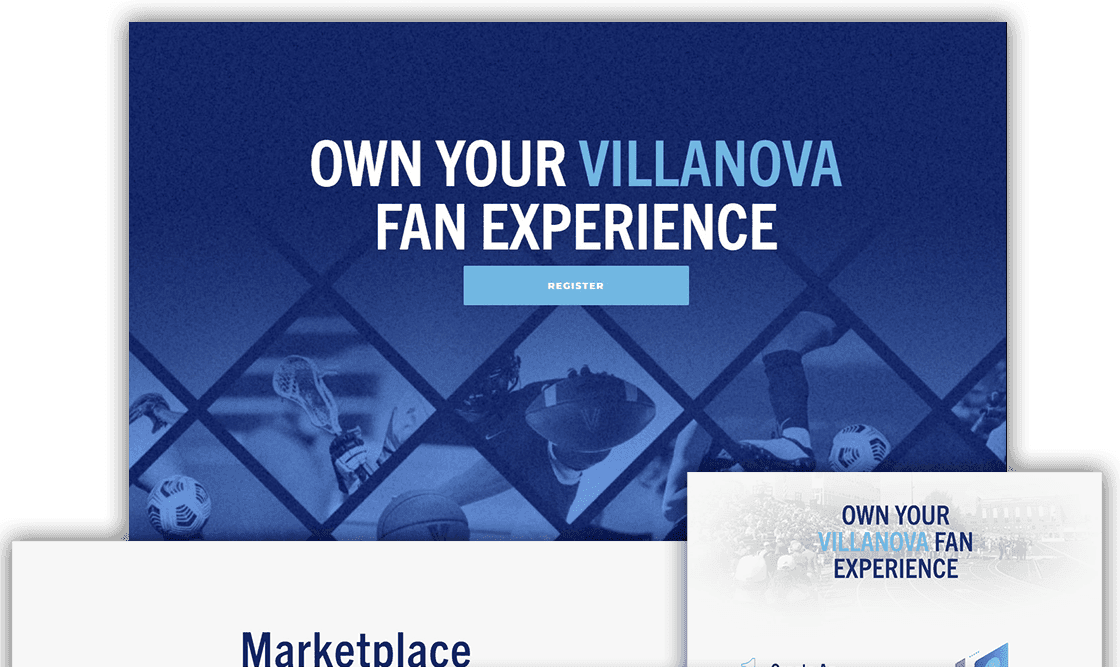 Novanation (Villanova) fan platform: registration hero and marketplace pages.