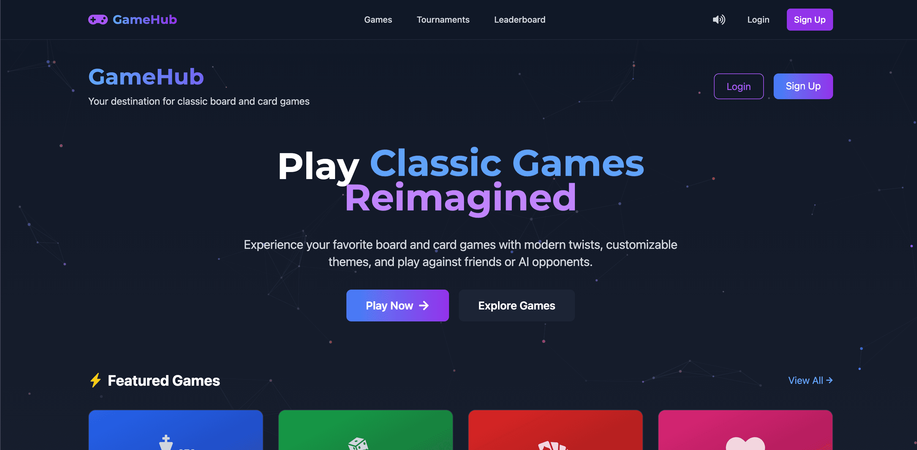 GameHub landing page: 'Play Classic Games Reimagined', with featured chess, dice, card and hearts games.