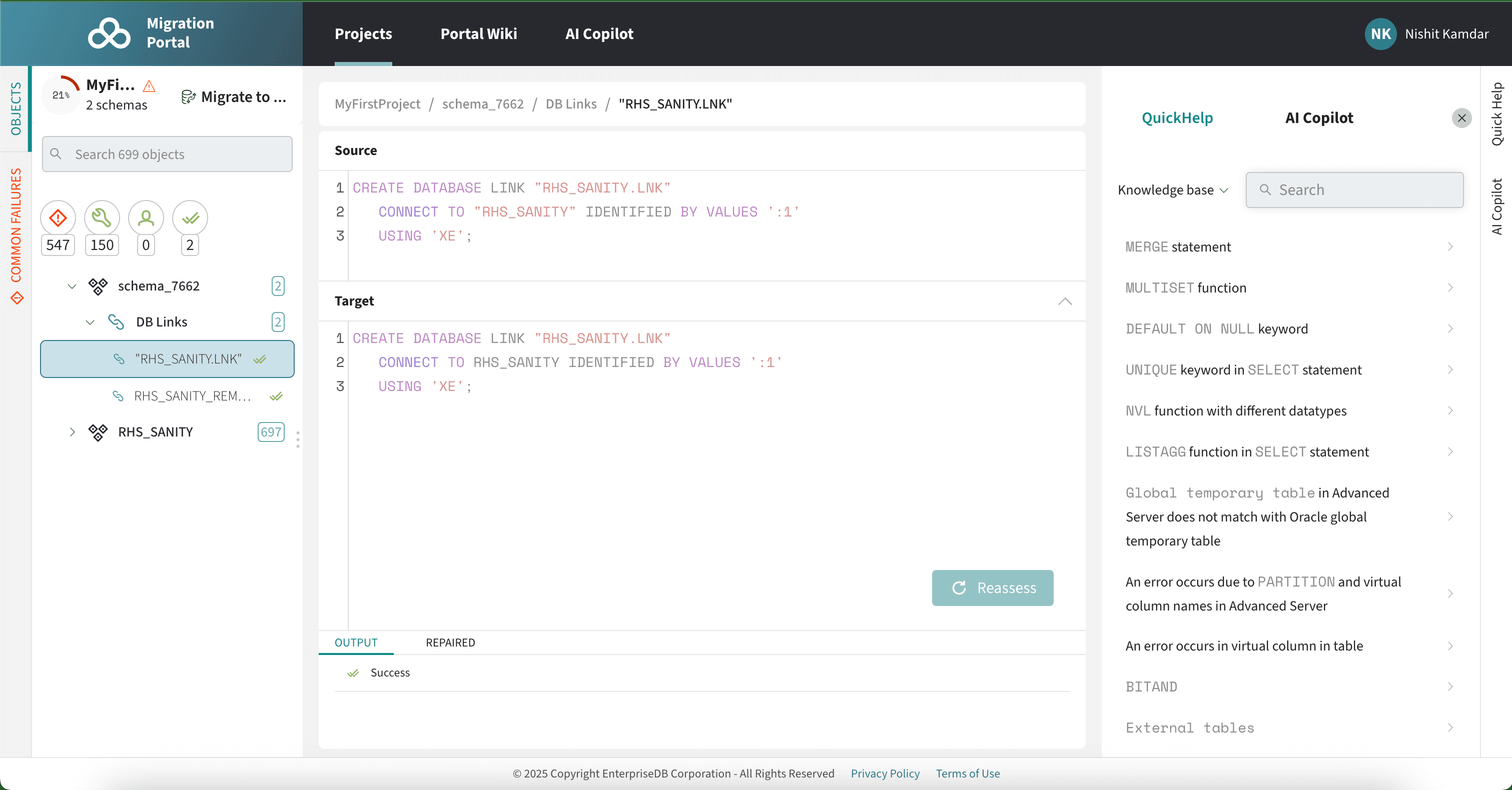 EDB Migration Portal: an Oracle database link shown as source and converted Postgres target, with the AI Copilot panel open.