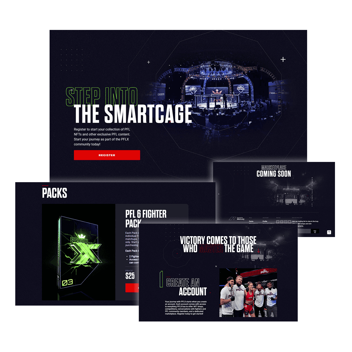 PFLX fan platform: the 'Step into the SmartCage' hero, fighter packs and account sign-up steps.