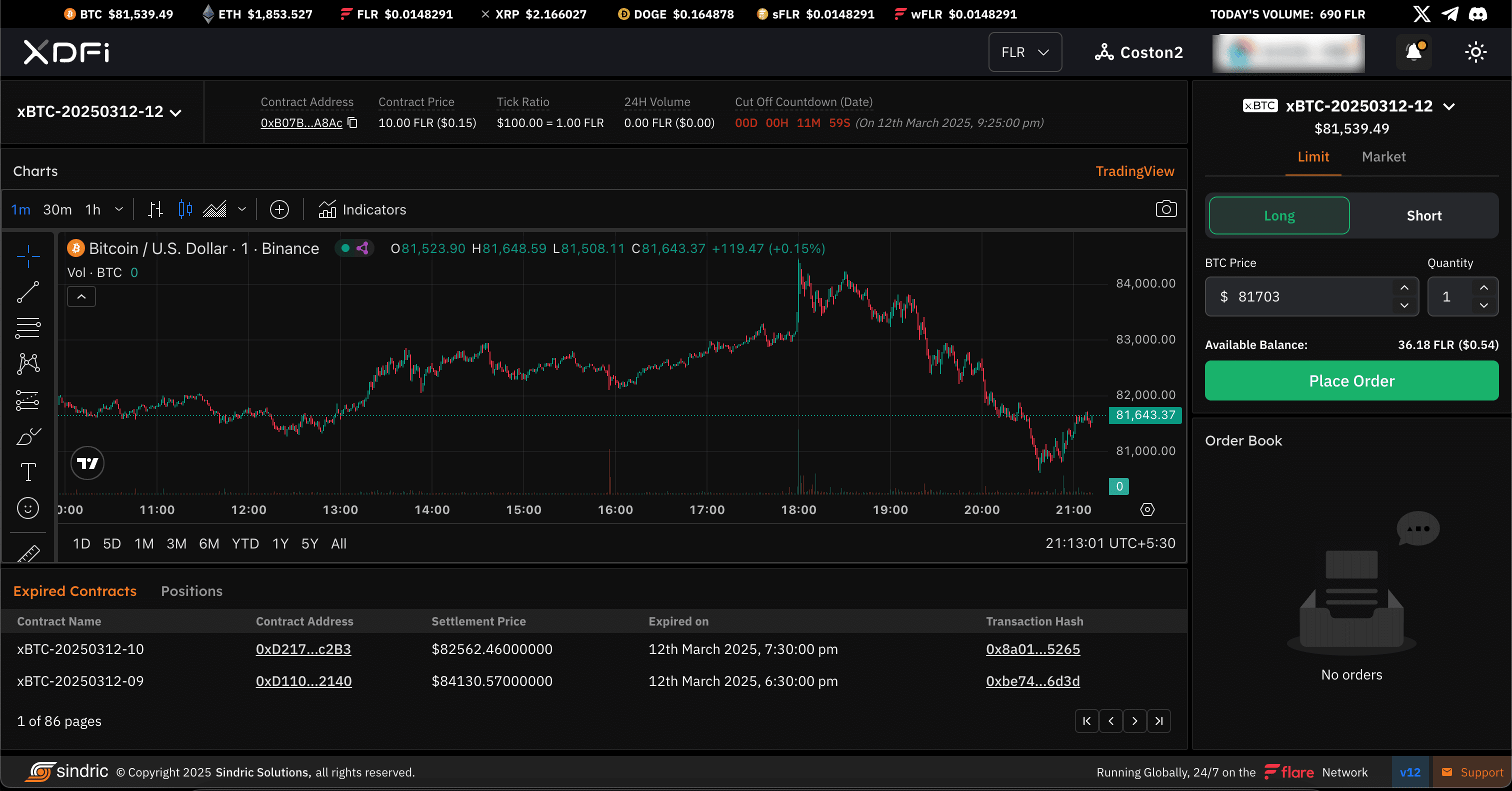 XDFi trading screen: a BTC futures contract chart with order entry, expired contracts and their settlement prices.